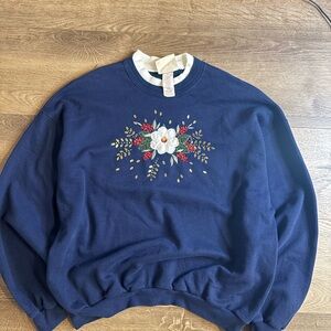 Vintage Navy Sweatshirt with Floral Embroidery